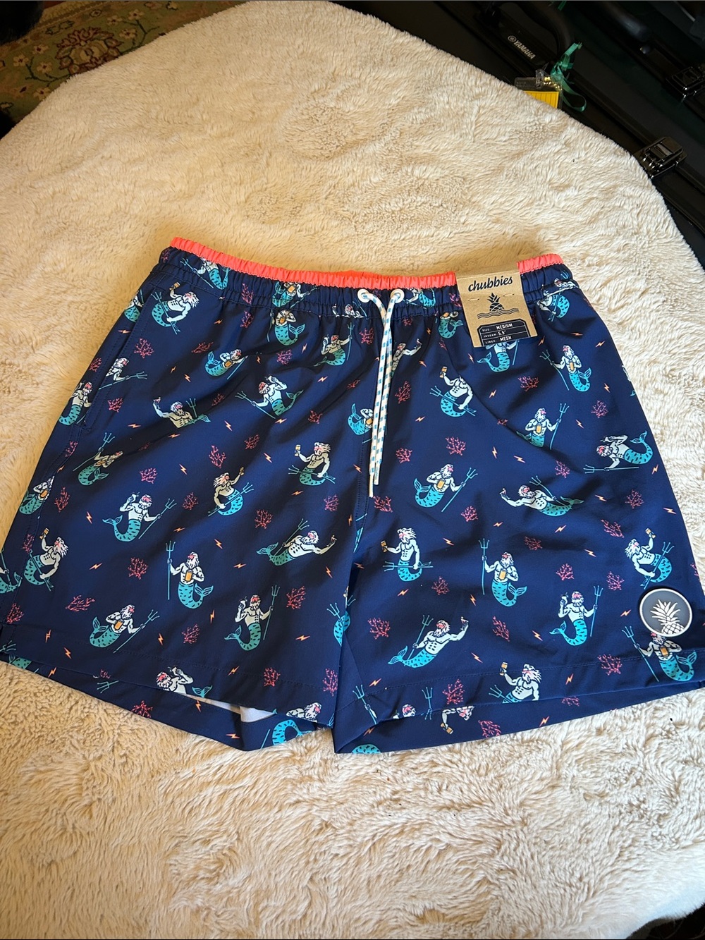 Chubbies Navy Swim Shorts with Teal Mermaid Print Coral Waistband Mesh Lined New
